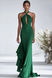 Halter Terracota Gasa Volantes Vaina Vestido Gala Rojo