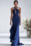 Halter Terracota Gasa Volantes Vaina Vestido Gala Rojo