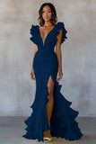 Vestido formal largo amarillo sirena con escote en V y abertura con volantes