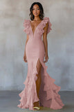 Vestido formal largo amarillo sirena con escote en V y abertura con volantes