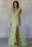 Vestido formal largo amarillo sirena con escote en V y abertura con volantes