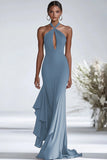 Halter Terracota Gasa Volantes Vaina Vestido Gala Rojo