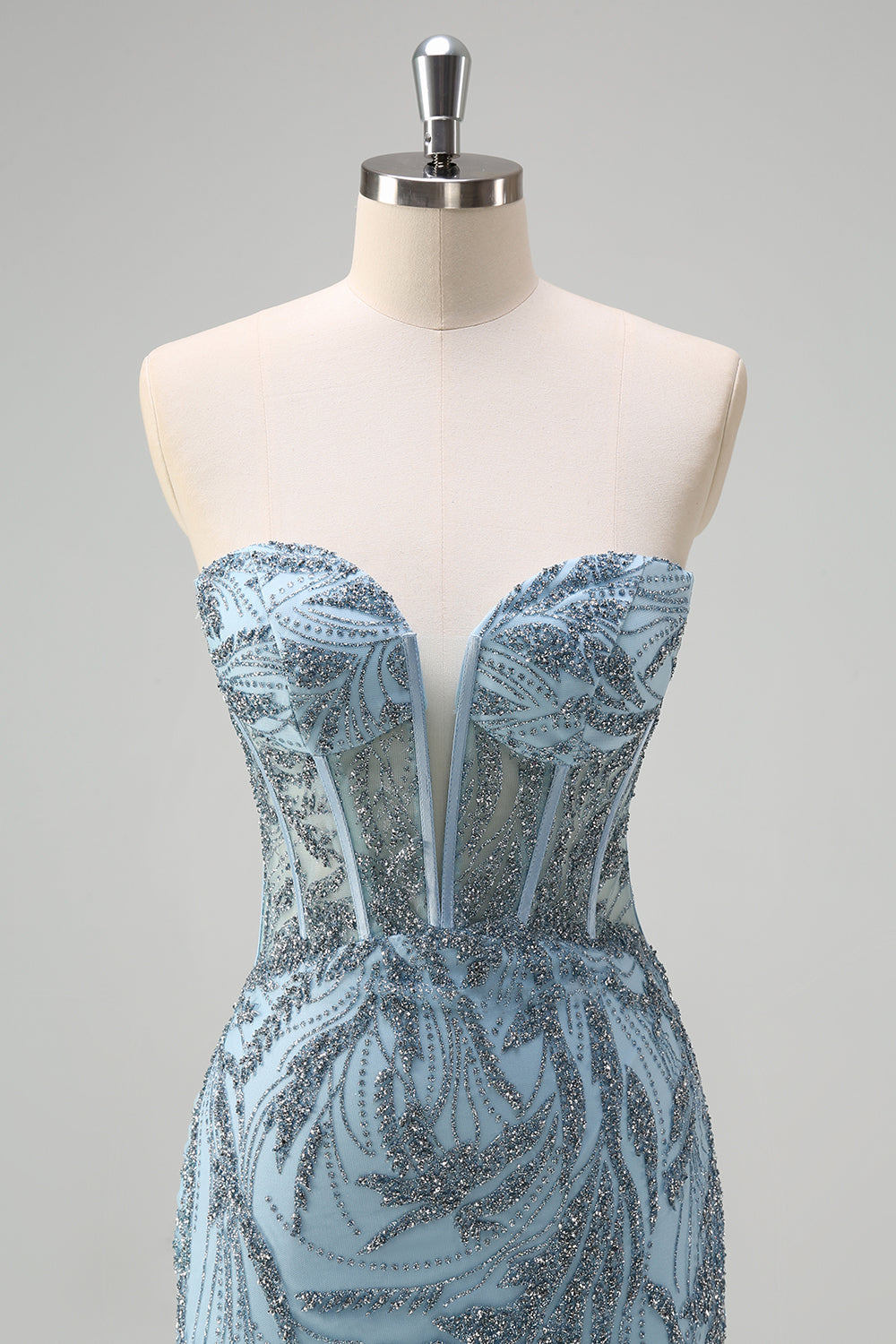 corsé sin tirantes de sirena azul claro brillante vestido de fiesta largo con cuentas y abertura