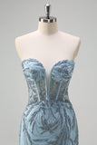 corsé sin tirantes de sirena azul claro brillante vestido de fiesta largo con cuentas y abertura