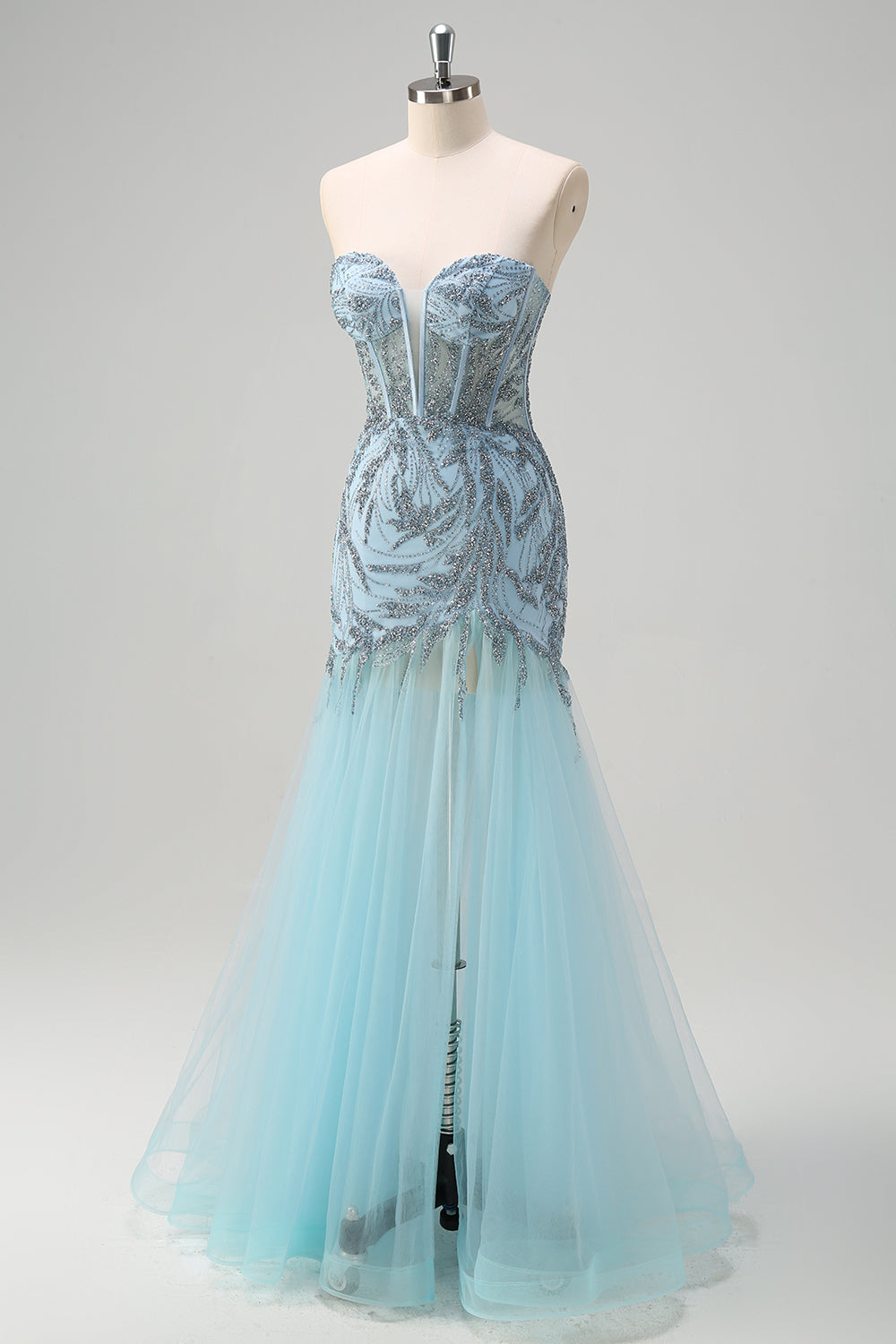 corsé sin tirantes de sirena azul claro brillante vestido de fiesta largo con cuentas y abertura