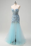 corsé sin tirantes de sirena azul claro brillante vestido de fiesta largo con cuentas y abertura
