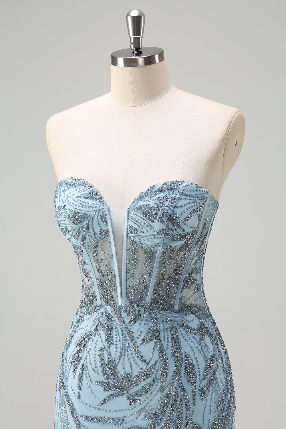 corsé sin tirantes de sirena azul claro brillante vestido de fiesta largo con cuentas y abertura