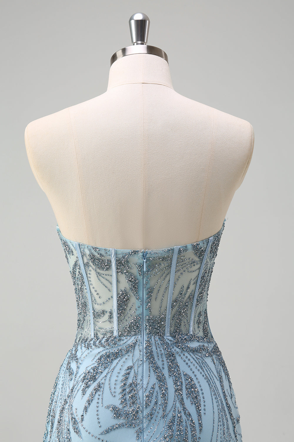 corsé sin tirantes de sirena azul claro brillante vestido de fiesta largo con cuentas y abertura
