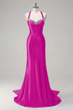 Vestido de fiesta de lentejuelas con corsé halter de sirena verde oscuro brillante