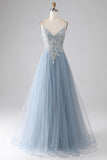 Gris Azul Sirena Tirantes Espagueti Lentejuelas Vestido Largo De Graduación