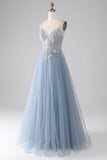 Gris Azul Sirena Tirantes Espagueti Lentejuelas Vestido Largo De Graduación