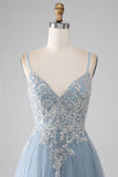 Gris Azul Sirena Tirantes Espagueti Lentejuelas Vestido Largo De Graduación
