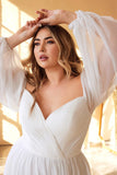Vestido de fiesta de boda fruncido de manga larga con hombros descubiertos en línea A blanco