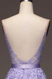 Vestido de fiesta de tul y cuentas de tirantes finos de línea A púrpura con cuentas y apliques