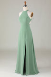 A-Line Halter Open Back Matcha Vestido de dama de honor con frente dividido