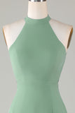 A-Line Halter Open Back Matcha Vestido de dama de honor con frente dividido