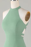 A-Line Halter Open Back Matcha Vestido de dama de honor con frente dividido