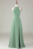 A-Line Halter Open Back Matcha Vestido de dama de honor con frente dividido