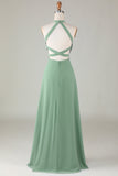 A-Line Halter Open Back Matcha Vestido de dama de honor con frente dividido