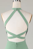 A-Line Halter Open Back Matcha Vestido de dama de honor con frente dividido