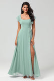 Vestido de dama de honor de gasa de cuello cuadrado verde con volantes