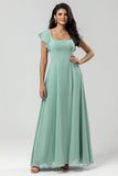 Vestido de dama de honor de gasa de cuello cuadrado verde con volantes