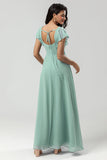 Vestido de dama de honor de gasa de cuello cuadrado verde con volantes