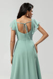 Vestido de dama de honor de gasa de cuello cuadrado verde con volantes