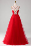 Tirantes finos Vestido de fiesta largo rojo de tirantes finos con cruz en la espalda