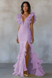 Vestido formal largo amarillo sirena con escote en V y abertura con volantes
