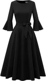 Elegante de la Mujer de manga acampanada vestidos de fiesta de cóctel para la boda de invitados Fit and Flare Modesto Iglesia Midi Vestido de noche