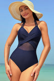 Traje de baño de una pieza con corte de malla halter azul marino sin espalda