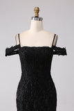 Vestido de fiesta largo de hombros fríos de sirena negro con abertura