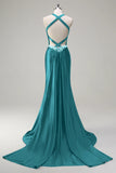 Vestido de fiesta de lentejuelas con corsé halter de sirena verde oscuro brillante
