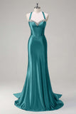 Vestido de fiesta de lentejuelas con corsé halter de sirena verde oscuro brillante