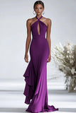 Halter Terracota Gasa Volantes Vaina Vestido Gala Rojo