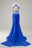 Vestido de fiesta de lentejuelas con corsé halter de sirena verde oscuro brillante