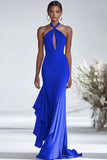 Halter Terracota Gasa Volantes Vaina Vestido Gala Rojo