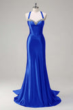 Vestido de fiesta de lentejuelas con corsé halter de sirena verde oscuro brillante