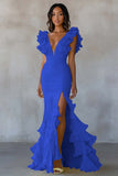 Vestido formal largo amarillo sirena con escote en V y abertura con volantes