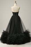 Una línea Sweetheart Black Corset Prom Dress con volantes