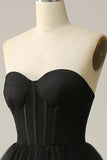 Una línea Sweetheart Black Corset Prom Dress con volantes
