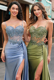 Vestido de fiesta de satén con corsé largo plisado de sirena Azul polvoriento