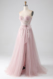 Vestido de fiesta de tul sin tirantes Sparkly A Line con lazo