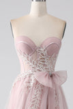 Vestido de fiesta de tul sin tirantes Sparkly A Line con lazo