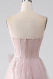 Vestido de fiesta de tul sin tirantes Sparkly A Line con lazo