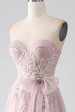 Vestido de fiesta de tul sin tirantes Sparkly A Line con lazo