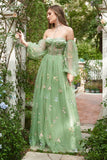 Green Off The Shoulder Mangas largas A-Line Prom Dress