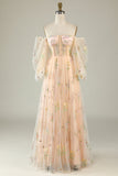 Green Off The Shoulder Mangas largas A-Line Prom Dress