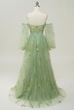 Green Off The Shoulder Mangas largas A-Line Prom Dress